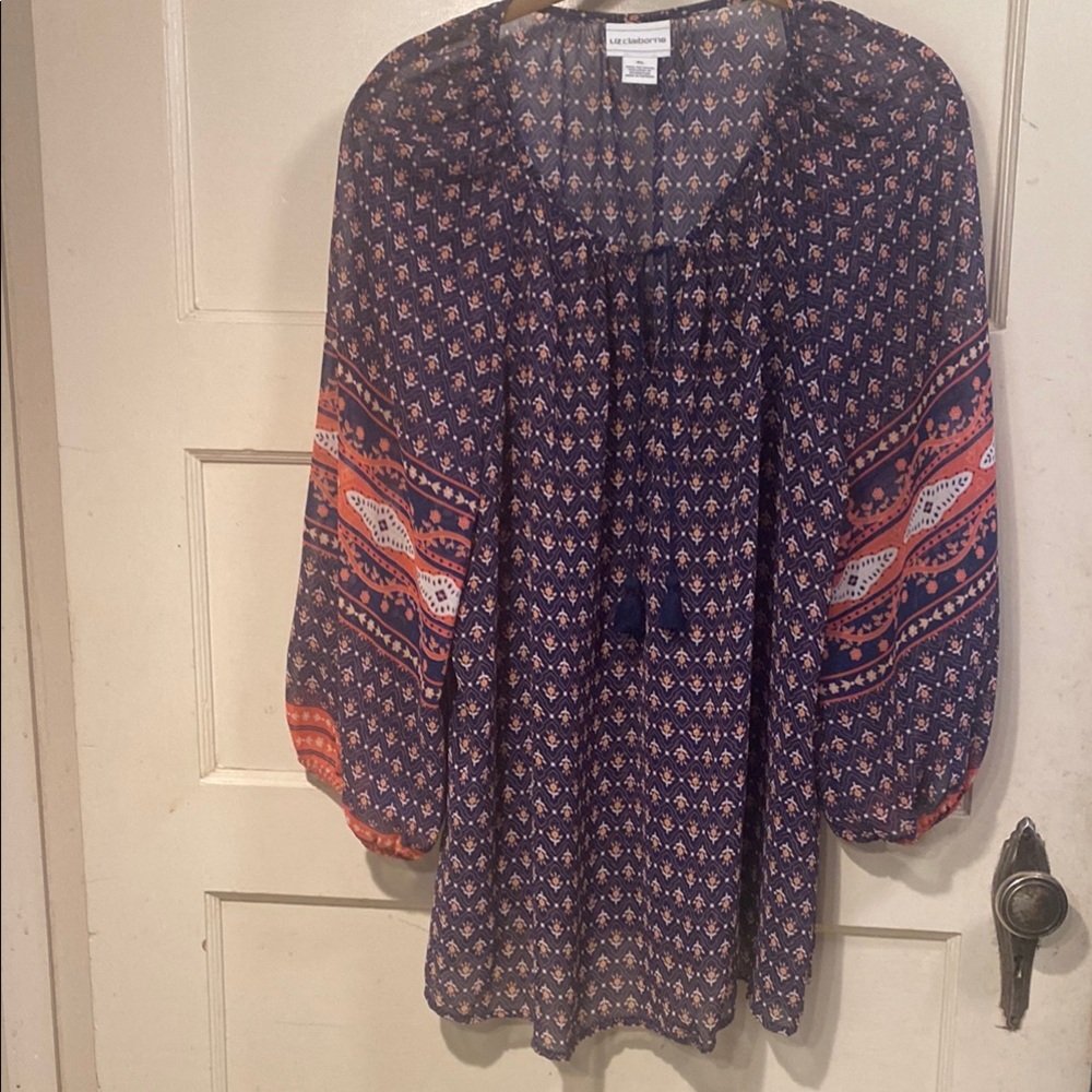 Liz Claiborne Navy Blue and Orange Boho Print Peasant Tunic Size XL